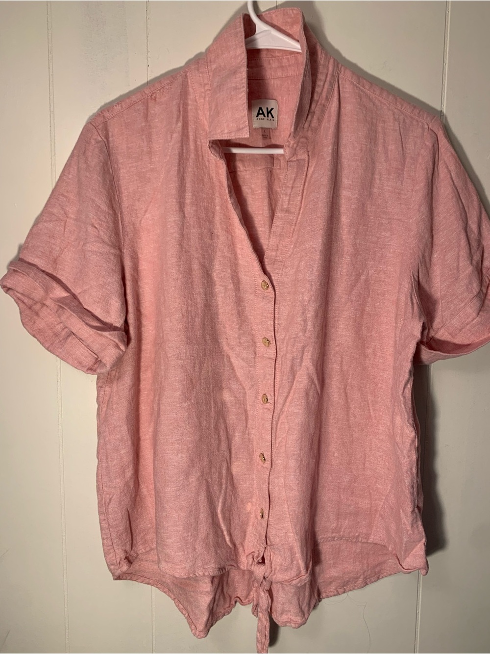 Anne Klein Pink Linen-Blend Button Front Tie Hem Top